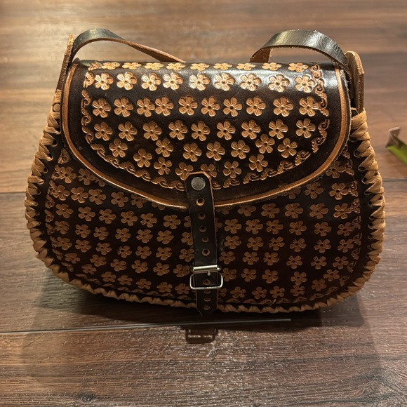 Handbags - Boho non-branded floral carved Leather Crossbody Bag NWOT